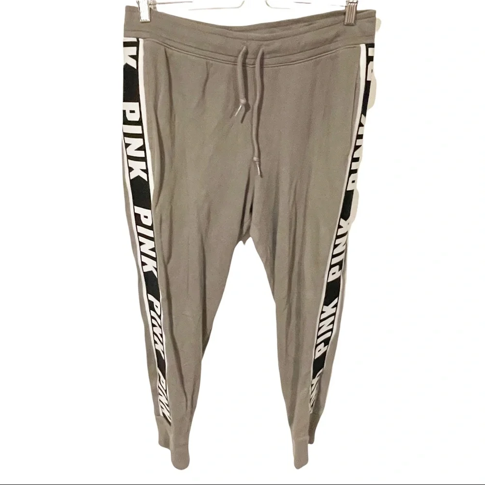 Victorias Secret Pink Large Spellout Side Striped Grey Jogger Sweatpants